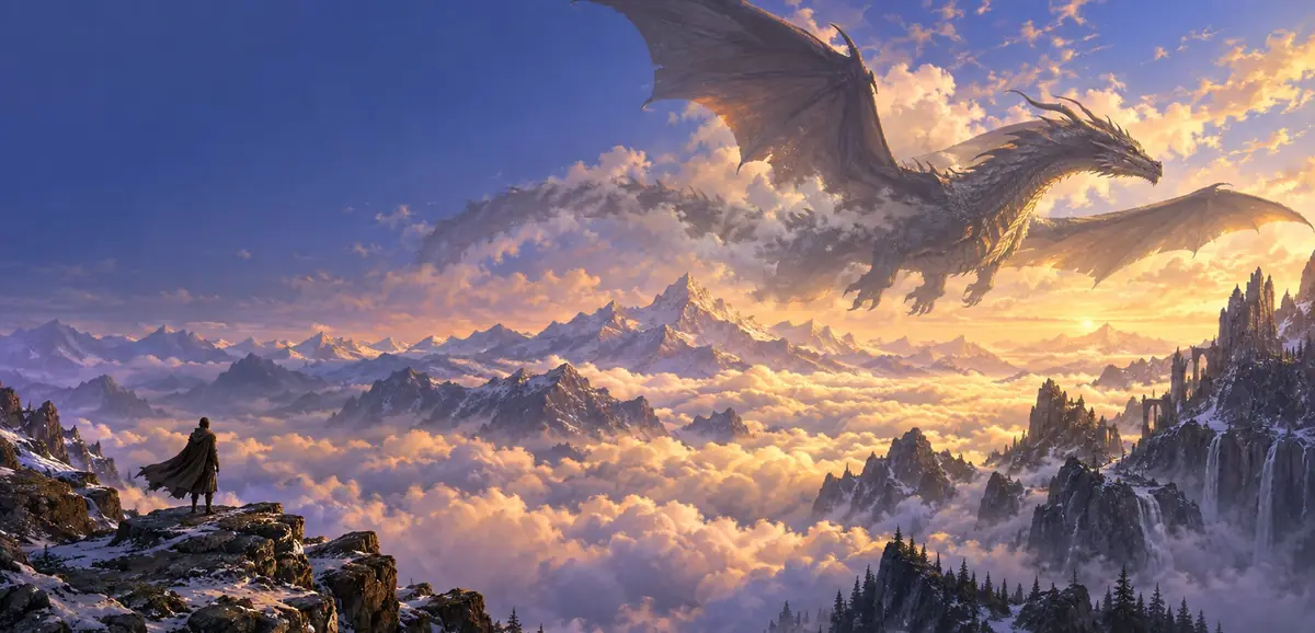 Illustration: a lone cadet on a mountain ledge watches an immense dragon glide through a sea of golden clouds at dusk